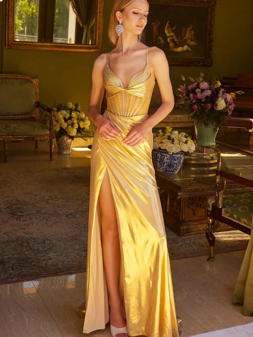 NEW CHAMPAGNE Lace & Jersey V-Neck Prom Gown Floor Length With Slit GL3597